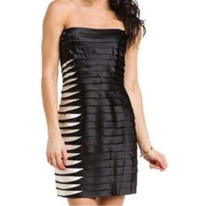 BCBG MAXAZRIA Size 6 Black and Ivory Satin Tiered Strapless Cocktail Mini Dress